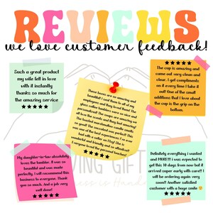 May include: Five customer reviews on yellow sticky notes with five star ratings. The reviews highlight the quality and customer service of a business that sells personalized gifts. The reviews mention products such as tumblers, soaps, candles, and a succulent.