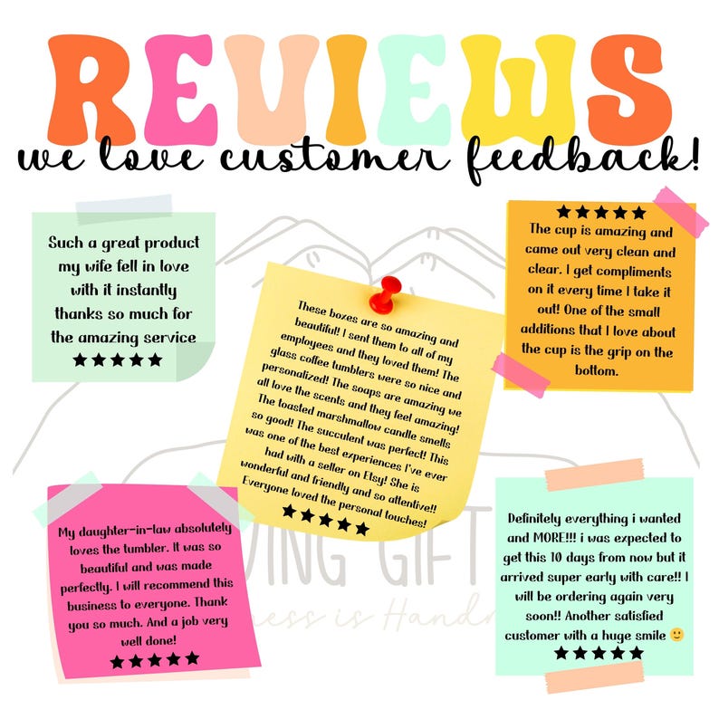 May include: Five customer reviews on yellow sticky notes with five star ratings. The reviews highlight the quality and customer service of a business that sells personalized gifts. The reviews mention products such as tumblers, soaps, candles, and a succulent.