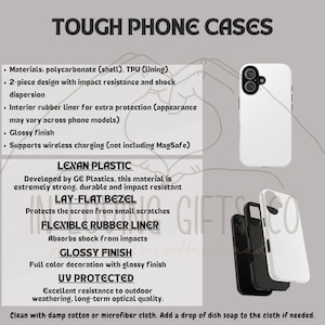 May include: A white phone case with a black camera lens cutout. The case is made of polycarbonate and TPU and is designed to be impact resistant and shock absorbent. The case also features a lay-flat bezel to protect the screen from scratches and a flexible rubber liner to absorb shock from impacts. The case has a glossy finish and is UV protected.