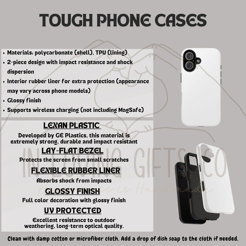 May include: A white phone case with a black camera lens cutout. The case is made of polycarbonate and TPU and is designed to be impact resistant and shock absorbent. The case also features a lay-flat bezel to protect the screen from scratches and a flexible rubber liner to absorb shock from impacts. The case has a glossy finish and is UV protected.