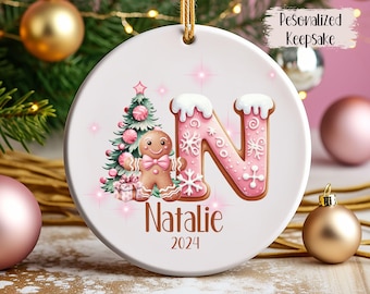 Pink Gingerbread Custom Initial Ornament - Letter Name Ornament - 2024 Family Ornament - Personalized - Family Keepsake - Monogram Ornament