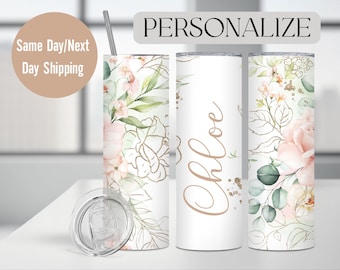Personalized Flower Skinny Tumbler With Name, Flower Coffee Cup With Lid Straw,Bridesmaid Proposal, Watercolor Floral Tumbler