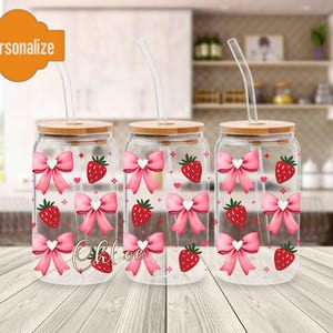 Strawberry Coquette Bows Beer Glass Can for Iced Coffee, Aesthetic Coffee Cup, Birthday Gift for Friend, Bridesmaid Gift, Iced Coffee Glass