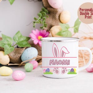 Peronalized Childrens Easter Enamel Mug Custom Childrens Unbreakable Mug Easter Bunny Mug Tin Cup Easter Gift Childrens Easter Gift