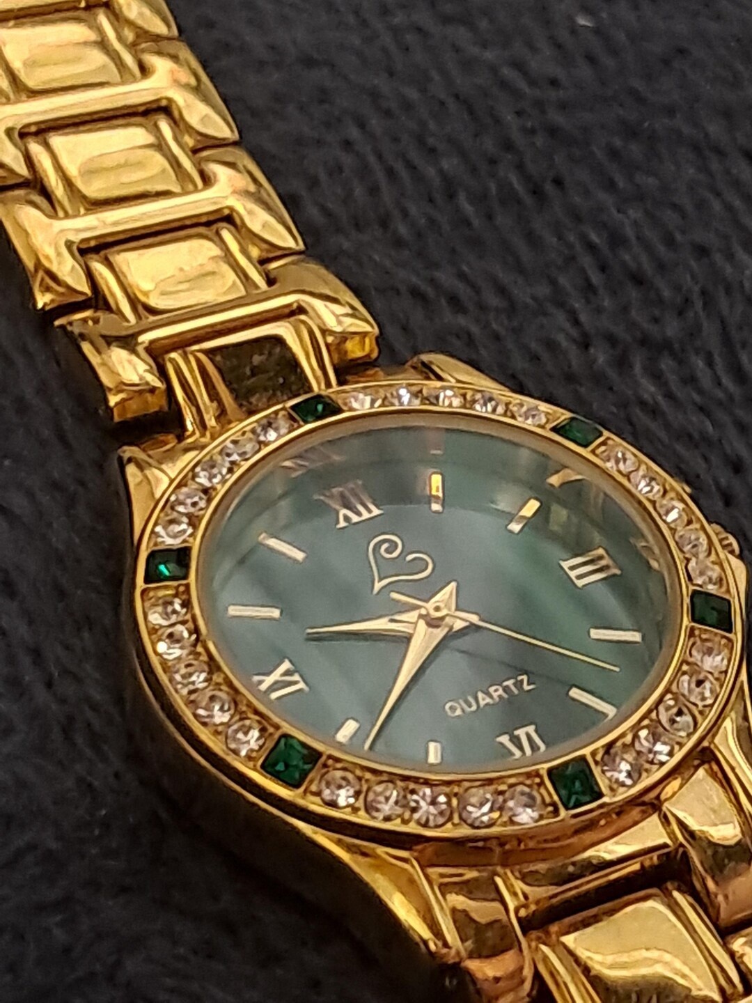 Colleen Lopez Womens Green Malachite Dial Watch Gold Tone Rhinestone New Battery Colleen Lopez Wristwatches for sale | eBay main image 3