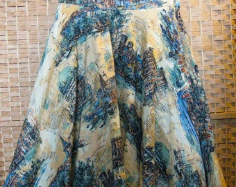 1990s does 1950s Cotton Circular Skirt with Venice Images, Sizes 8 and 10