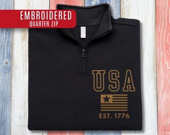 USA Est 1776 Embroidered Quarter Zip Sweatshirt, Patriotic Pullover, American Heritage Sweatshirt, Vintage USA Flag Gift Embroidered