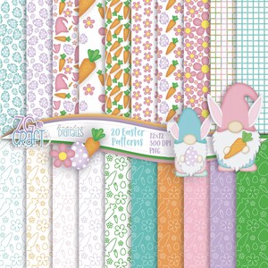 Puede incluir: Una colección de 20 patrones de papel digital con temática de Pascua. Los diseños incluyen zanahorias, flores, huevos y gnomos. Los patrones miden 30,5 x 30,5 cm y 300 DPI. La imagen también incluye el texto "20 Easter Patterns 12x12 300 DPI PNG".
