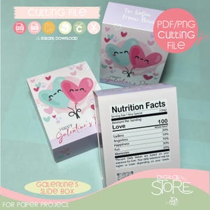 Puede incluir: Tres cajas deslizantes del Día de San Valentín con gráficos de globos en forma de corazón. Las cajas presentan el texto "Happy Galentine's Day" y "Galentine's Slide Box". Una caja muestra una etiqueta de "Nutrition Facts" con valores relacionados con el amor. La imagen incluye el texto "Cutting File".