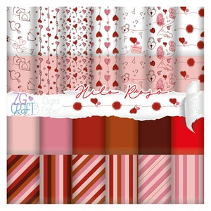 Puede incluir: Un conjunto de 12 papeles digitales con varios patrones con corazones, rayas y otros diseños con temática de San Valentín. Los papeles son en tonos de rojo, rosa y blanco. El texto "Milo Rosa" es visible en la imagen.
