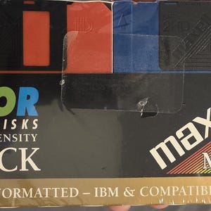 May include: A pack of 20 Maxell 3.5 inch high density floppy disks. The disks are colour and formatted for IBM and compatible computers. The pack is labelled "COLOR FLOPPY DISKS 3.5" HIGH DENSITY 20 PACK" and "maxell MF2HD FORMATTED - IBM & COMPATIBLES".