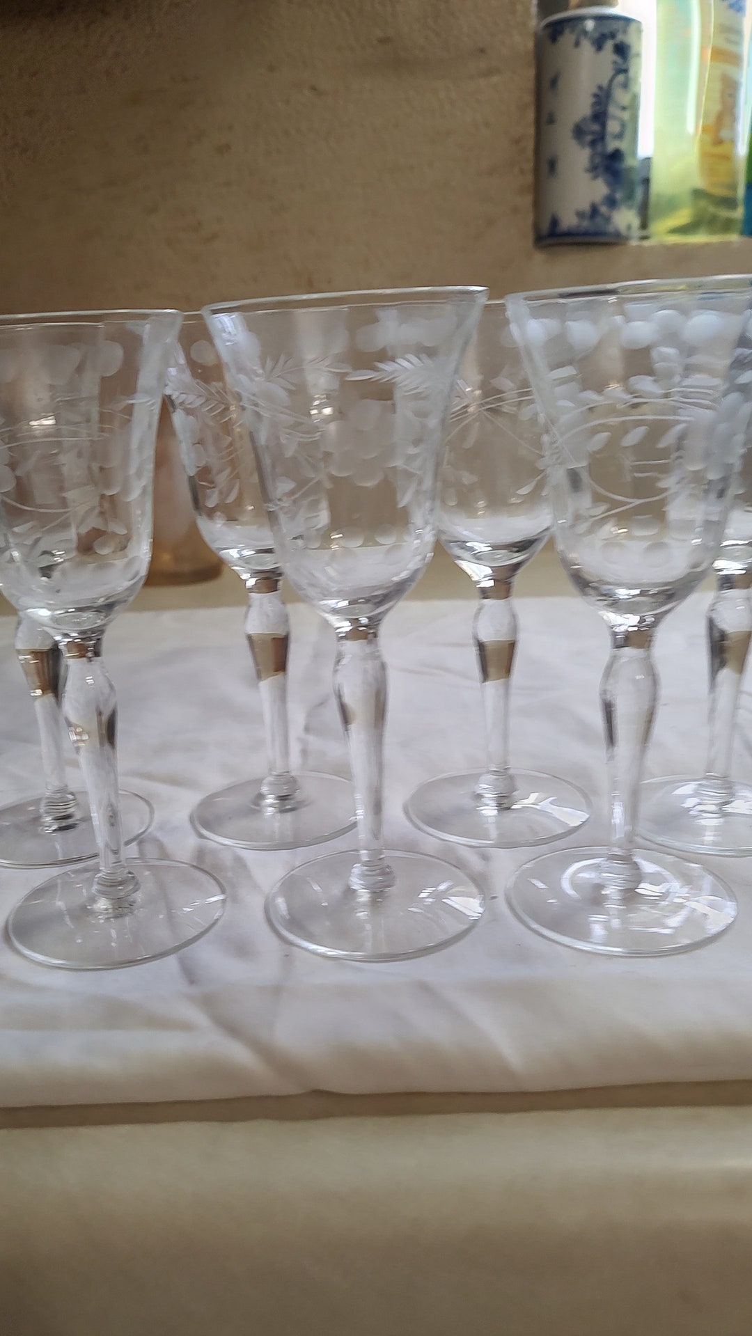 Crystal Cordial Glasses, Set of Eight. Etched, 5 3/4inches Tall. Etsy