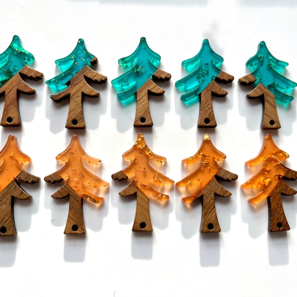 Resin & Walnut Wood Tree Pendants Teal Peach color mix