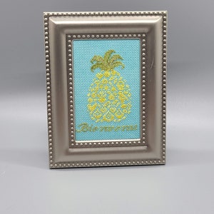 Pineapple Welcome Cross Stitch in Silver Tabletop Frame