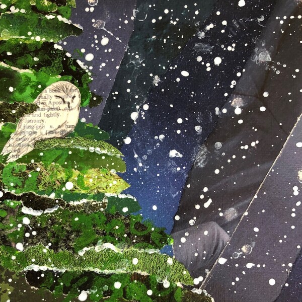 Handmade wall art "Snowy Night Owl," mixed media painting on canvas for gift or décor, owl in pine tree on snowy night