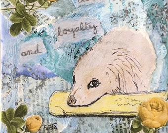 Mini-art original « Love & Loyalty », techniques mixtes sur toile pour cadeau ou décoration, chien aux yeux brillants avec des fleurs jaunes
