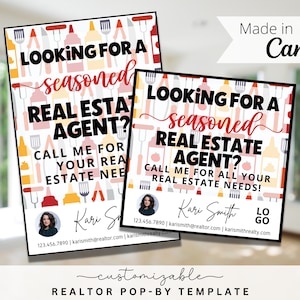 Puede incluir: Dos tarjetas de visita de agente inmobiliario rojas y blancas con un tema de utensilios de cocina. El texto en las tarjetas dice "Looking for a seasoned real estate agent?" e incluye la información de contacto de Kari Smith. Las tarjetas están sobre una superficie blanca con un fondo borroso.