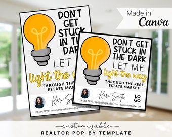 Light Themed Pop-By Tags, EDITABLE TEMPLATE, Realtor, Referral, Real Estate Marketing, Canva, Farming, Let me Light the Way, Light Bulb Tag