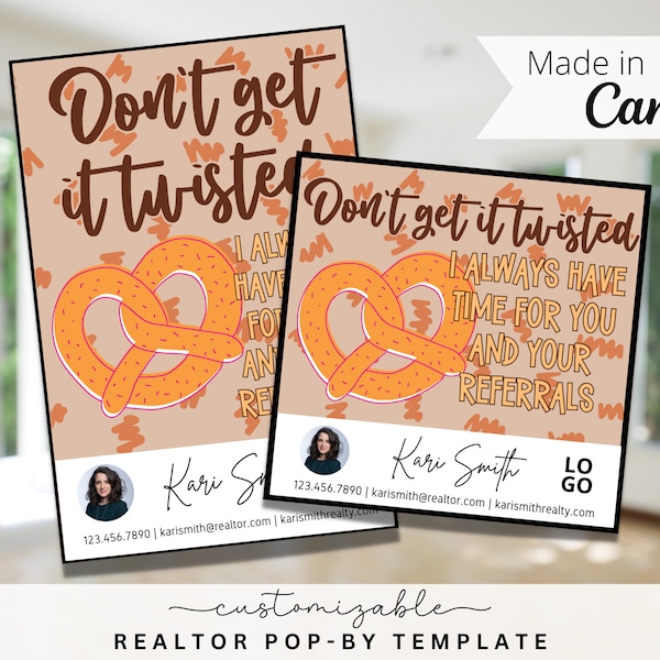 Don't Get It Twisted Pop-By Tags, EDITABLE TEMPLATE, Realtor, Referral, Real Estate Marketing, Business Farming, Pretzel Popby, Snacks Tag