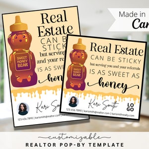 Honey and Bee Themed Realtor Pop-By Tags, EDITABLE TEMPLATE, Referral, Real Estate Marketing, Canva, Farming, Real Estate can be Sticky