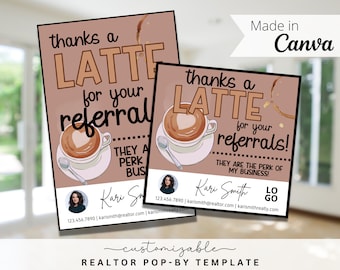 Thanks a Latte Coffee Themed Pop-By Tags, EDITABLE TEMPLATE, Realtor, Referral, Real Estate Marketing, Canva Template, Real Estate Farming