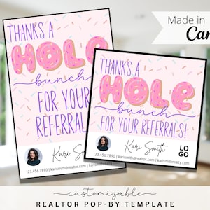 Donut Pop-By Tags, EDITABLE TEMPLATE, Realtor, Referral, Real Estate Marketing, Canva,Farming, Thanks a Hole Bunch, Doughnut Pop-by Tag