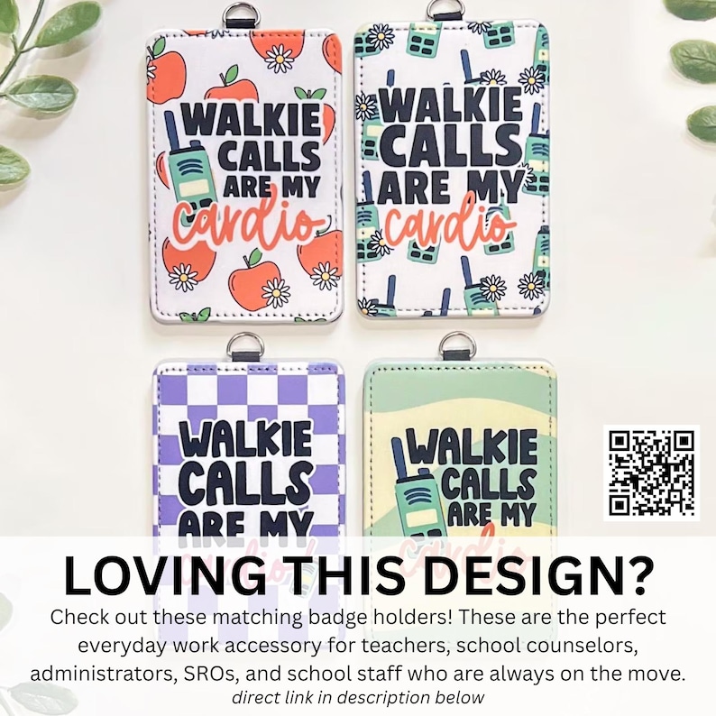 May include: Four badge holders with the text "WALKIE CALLS ARE MY cardio". Designs include apples, walkie-talkies, and a purple checkerboard pattern. Each holder has a silver ring at the top.