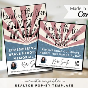Land of the Free à cause des Brave Themed Pop-By Tags, EDITABLE TEMPLATE, Realtor, Real Estate Marketing, Memorial Day Pop-by Tag, Gift