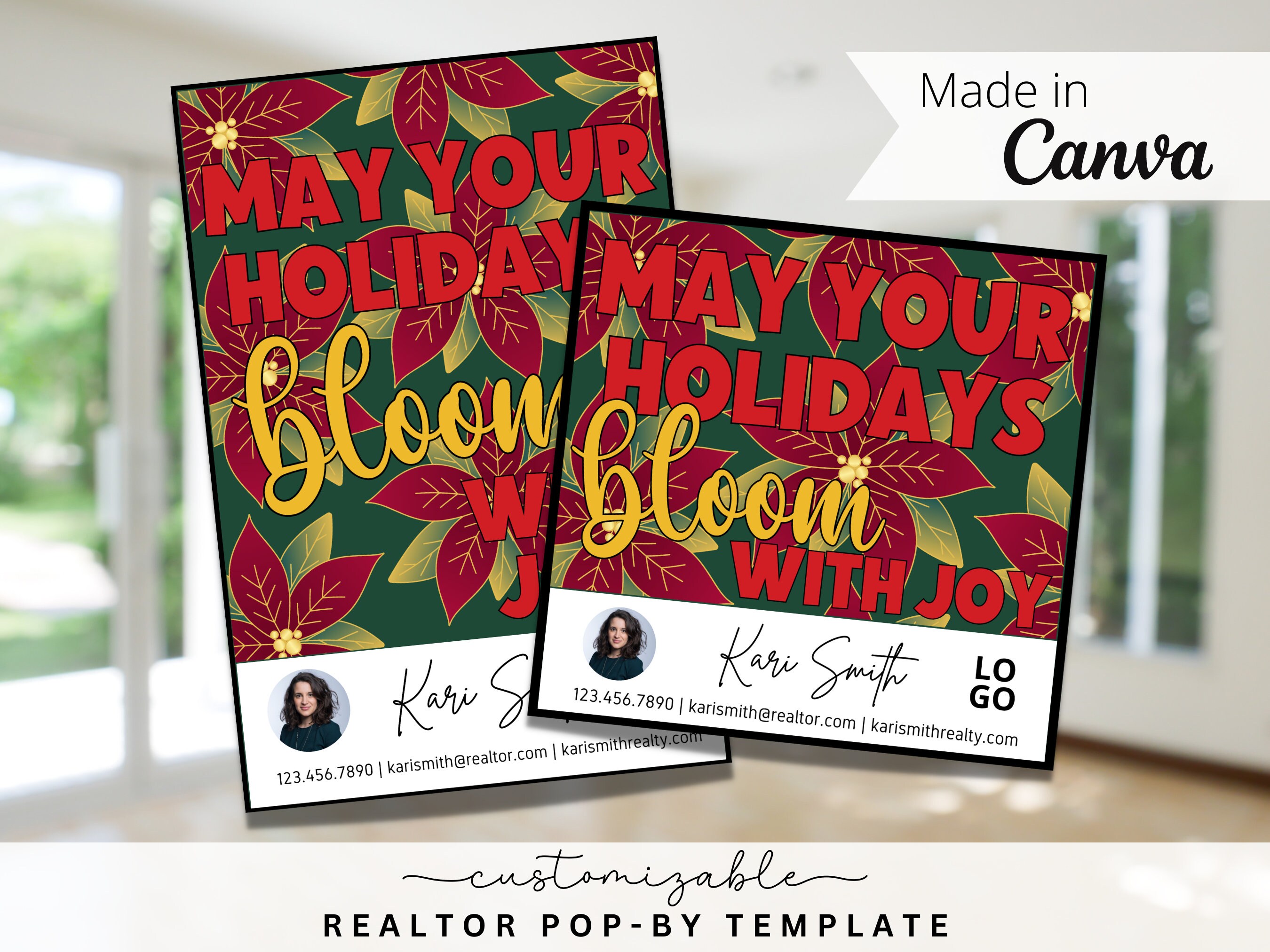 Poinsettia Pop-By Tags, MODÈLE MODIFIABLE, Agent immobilier, Marketing immobilier, Canva, Holidays Pop-by, Christmas Pop-by pour les agents immobiliers, Poinsettia