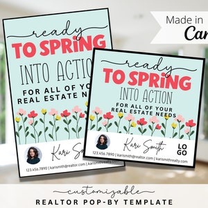 Spring in Action für Real Estate Needs Pop-By Tags, EDITIERBARE VORLAGE, Makler, Immobilienmarketing, Canva Template, Spring Themed Tag