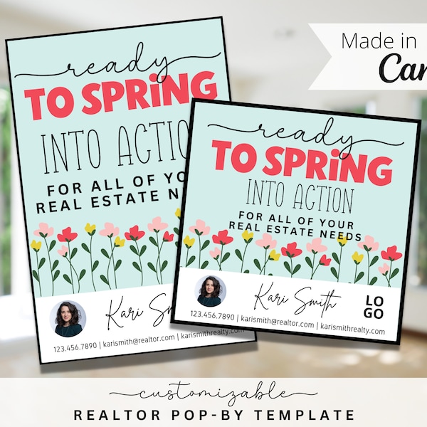 Spring into Action for Real Estate Needs Pop-By Tags, EDITABLE TEMPLATE, Realtor, Real Estate Marketing, Canva Template, Spring Themed Tag