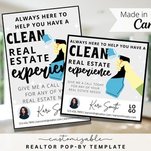 May include: A realtor business card template featuring a cartoon illustration of a hand holding a spray bottle. The text on the card reads "Always here to help you have a clean real estate experience. Give me a call today for any of your real estate needs!" The card also includes the realtor's name, phone number, email address, and website.
