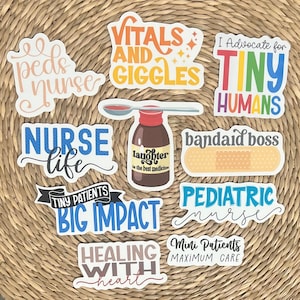 May include: A set of colorful stickers with phrases related to pediatric nursing. The stickers feature phrases like "Vitals and Giggles", "Tiny Patients Big Impact", "Healing with Heart", "Nurse Life", "Pediatric Nurse", "Bandaid Boss", "Mini Patients Maximum Care", and "I Advocate for Tiny Humans".