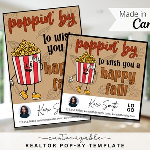 Fall Autumn Popcorn Pop-By Tags, EDITABLE TEMPLATE, Realtor, Referral, Real Estate Marketing, Realtor Farming, Popcorn Pop-by, Poppin' By
