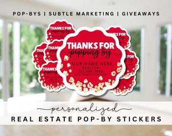 Popcorn Themed Pop-By Stickers, Insurance, Mortgage, Real Estate, Marketing, Morning Pop-By, Realtor Gifts, PERSONALIZED STICKERS Pop-by