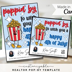 4th of July Realtor Pop-By Tags, Popcorn Pop-by, EDITABLE TEMPLATE, Referral, Real Estate Marketing, Canva, Farming, Independence Day Tag
