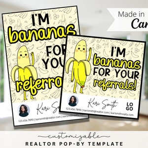 Banana Themed Pop-By Tags, EDITIERBARE VORLAGE, Makler, Empfehlung, Immobilienmarketing, Canva, Farming, ich bin Banana für Ihre Empfehlungen