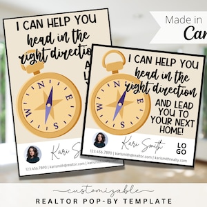 Peut inclure: Deux modèles de pop-by pour agents immobiliers avec un design de boussole. Le texte se lit "Je peux vous aider à aller dans la bonne direction et vous conduire à votre prochaine maison !" Comprend les coordonnées et le texte "modèle pop-by d'agent immobilier personnalisable."