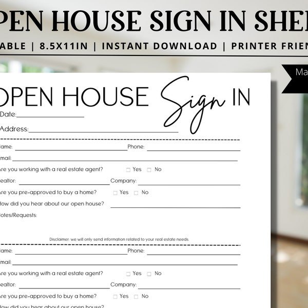 Open House Sign-In Sheet, Real Estate Marketing, EDITABLE TEMPLATE, Realtor Open House, Real Estate Printable, Canva, Customizable, Sign-in