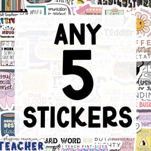 May include: A collection of various stickers, with the text "ANY 5 STICKERS" in large, bold black letters. The stickers feature diverse designs and phrases, including "I WORK HARD SO MY CATS CAN HAVE NICE THINGS."