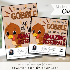 Thanksgiving Turkey Themed Pop-By Tags, EDITABLE TEMPLATE, Realtor, Referral, Real Estate Marketing, Canva, Farming, Fall Autumn Pop-by Tag