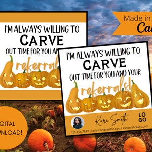 Etiquetas emergentes con temática de Jack-O-Lantern, plantilla editable, agente inmobiliario, recomendación, plantilla de Canva para marketing inmobiliario, etiqueta con temática de Halloween