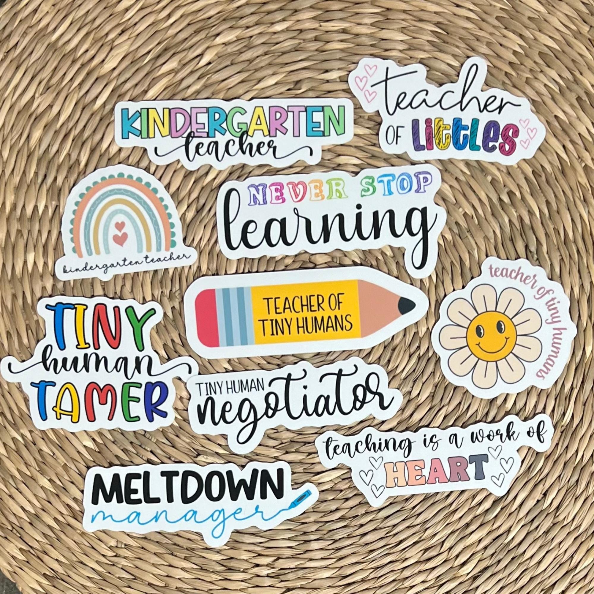 Kindergarten Teacher 10-Sticker Pack, White or Clear, Decals, Vinyl Stickers, Laptop, Teaching Sticker, Gift for Kindergarten Teacher