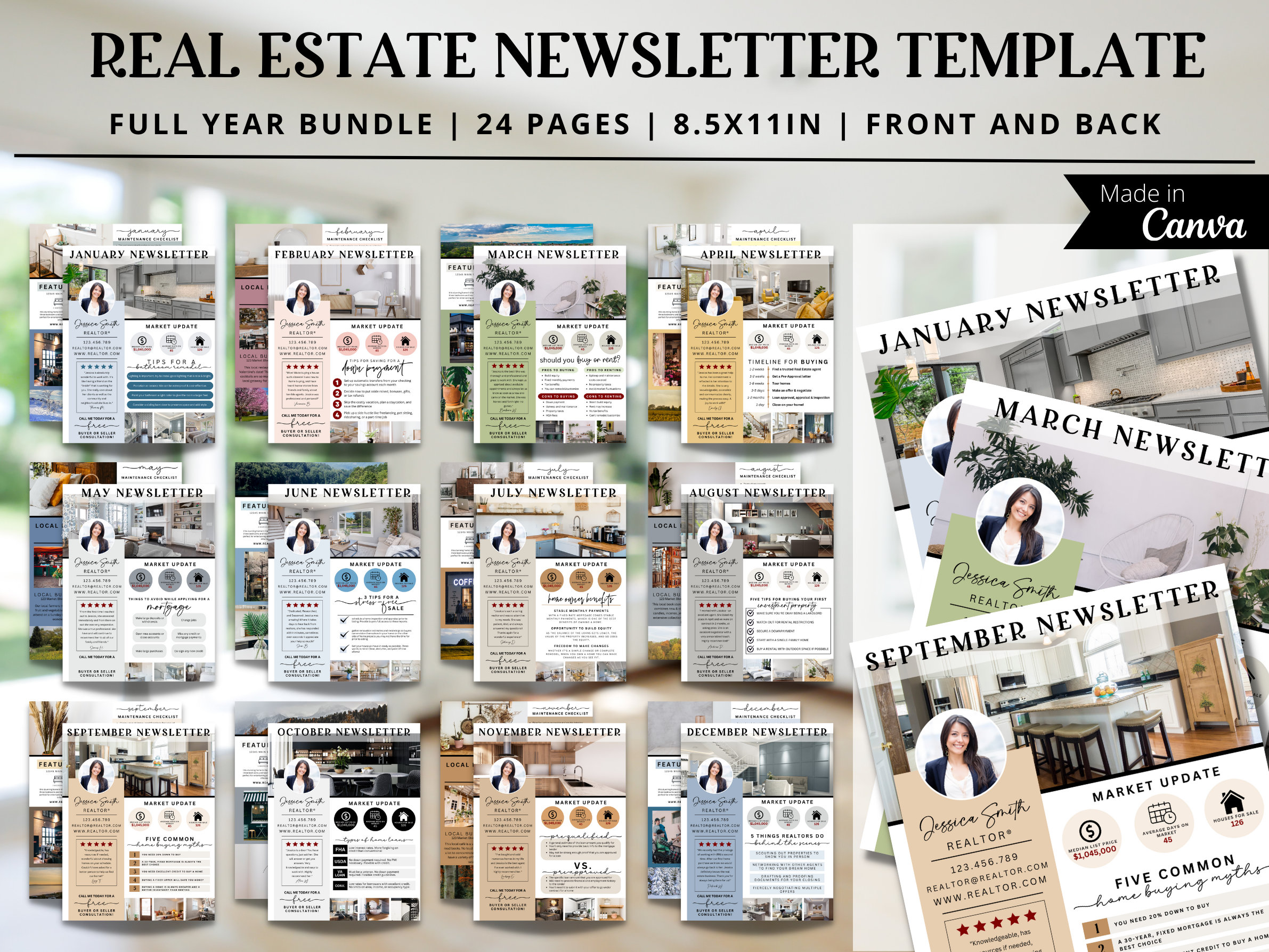 Real Estate Newsletter Template 12 Month BUNDLE, EDITABLE TEMPLATE, One Year of Newsletters, Realtor Marketing,Real Estate Resources Farming