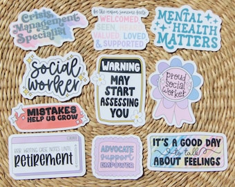 Social Worker 10-Sticker Pack, Motivational Stickers, Gift for Social Worker, Mental Health Stickers, Laptop Decal, Inspirational Stickers