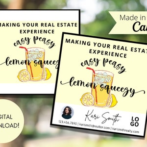 Lemon Themed Pop-By Tags, EDITABLE TEMPLATE, Realtor, Referral, Real Estate Marketing, Canva, Real Estate Farming, Easy Peasy Lemon Squeezy
