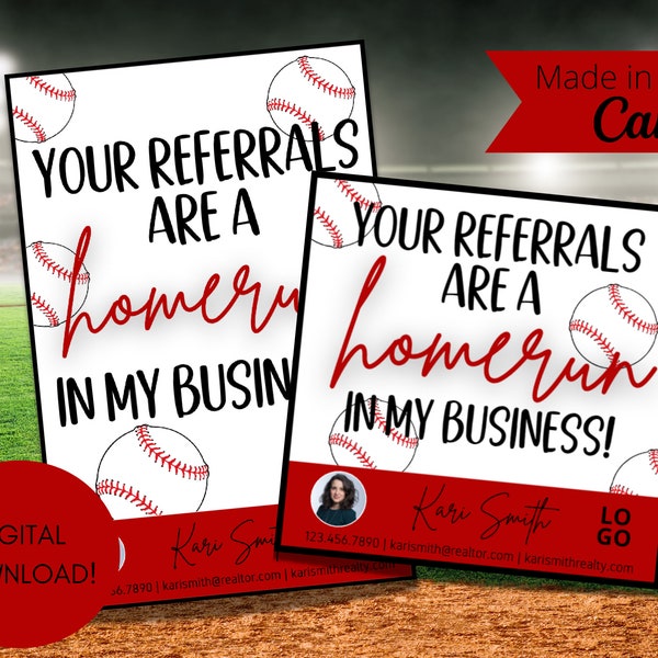 Baseball Themed Relator Pop-By Tags, EDITABLE TEMPLATE, Realtor, Referral, Real Estate Marketing Canva Template, Homerun Referrals