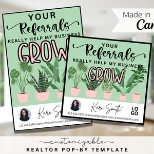 Plant Themed Relator Pop-By Tags, EDITABLE TEMPLATE, Realtor, Referral, Real Estate Marketing, Canva Template, Helps My Business Grow Pop-By