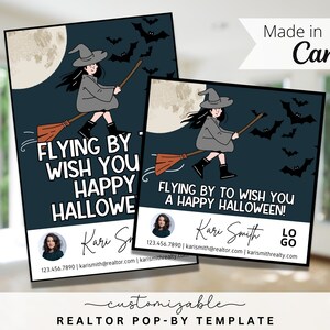 Halloween Hexe Themen Pop-By Tags, EDITIERBARE VORLAGE, Makler, Empfehlung, Immobilienmarketing, Canva, Landwirtschaft, Flying By Happy Halloween
