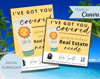 Sunscreen Summer Themed Pop-By Tags, EDITABLE TEMPLATE, Realtor, Referral, Real Estate Marketing, Canva, Farming, I've Got You Covered